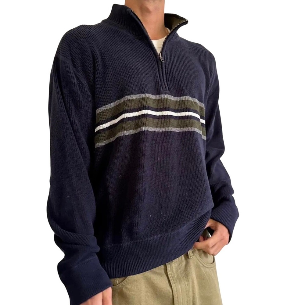 Eddie Bauer Vintage Y2K Navy Green Striped Quarter Zip Cotton Sweater Size L/XL‎